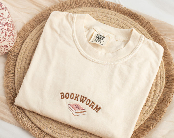 Embroidered Bookworm T-shirt, Ivory Comfort Colors Bookish Tee