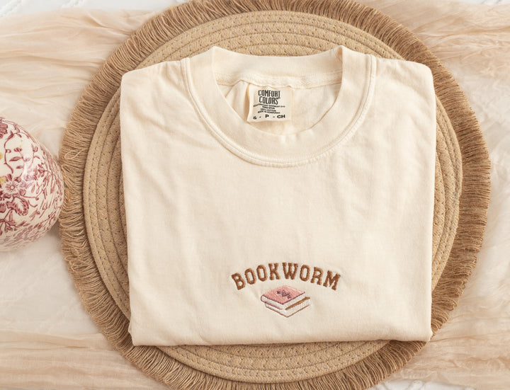 Embroidered Bookworm T-shirt, Ivory Comfort Colors Bookish Tee