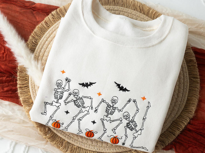 Embroidered Dancing Skeleton Heart Sweatshirt, Embroidered Halloween Sweatshirt, Funny Fall Sweatshirt, Trendy Fall Crewneck, DS1-C-196