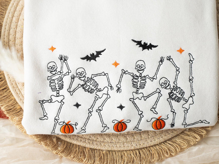 Embroidered Dancing Skeleton Heart Sweatshirt, Embroidered Halloween Sweatshirt, Funny Fall Sweatshirt, Trendy Fall Crewneck, DS1-C-196
