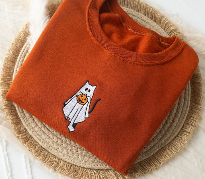 Embroidered Ghost Cat Sweatshirt, Embroidered Fall Sweatshirt, Halloween Sweatshirt, Witch Sweatshirt, Trendy Fall Crewneck, GC1-C-97