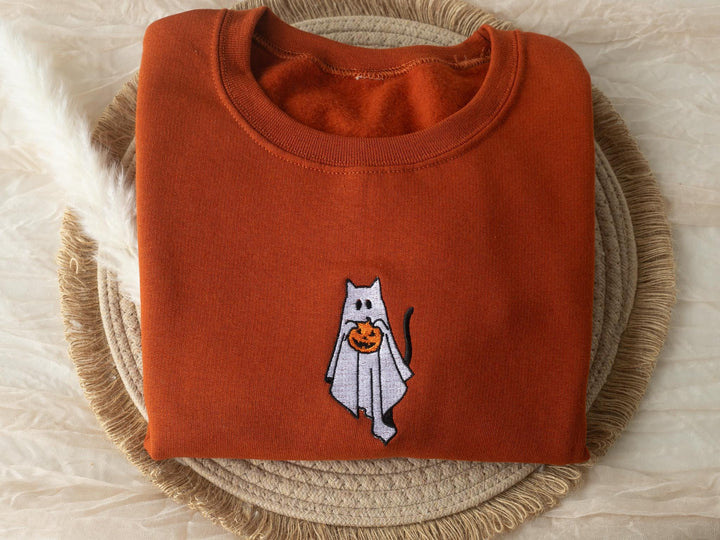 Embroidered Ghost Cat Sweatshirt, Embroidered Fall Sweatshirt, Halloween Sweatshirt, Witch Sweatshirt, Trendy Fall Crewneck, GC1-C-97