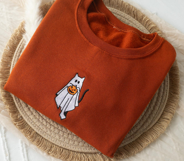 Embroidered Ghost Cat Sweatshirt, Embroidered Fall Sweatshirt, Halloween Sweatshirt, Witch Sweatshirt, Trendy Fall Crewneck, GC1-C-97