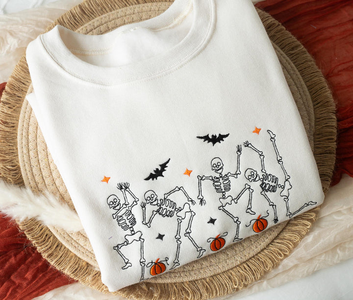 Embroidered Dancing Skeleton Heart Sweatshirt, Embroidered Halloween Sweatshirt, Funny Fall Sweatshirt, Trendy Fall Crewneck, DS1-C-196