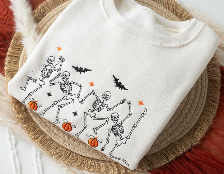 Embroidered Dancing Skeleton Heart Sweatshirt, Embroidered Halloween Sweatshirt, Funny Fall Sweatshirt, Trendy Fall Crewneck, DS1-C-196