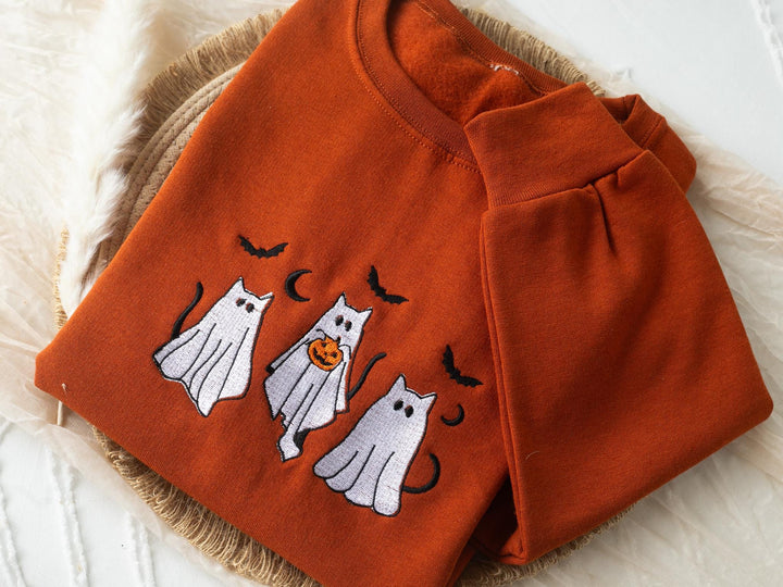 Embroidered Ghost Cats Sweatshirt, Embroidered Halloween Sweatshirt, Cat Fall Sweatshirt, Trick Cat Fall Crewneck, KL3-C-120