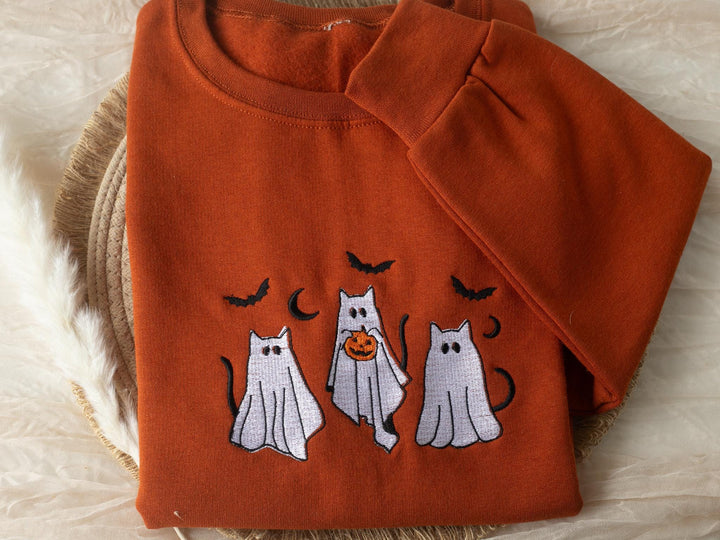 Embroidered Ghost Cats Sweatshirt, Embroidered Halloween Sweatshirt, Cat Fall Sweatshirt, Trick Cat Fall Crewneck, KL3-C-120