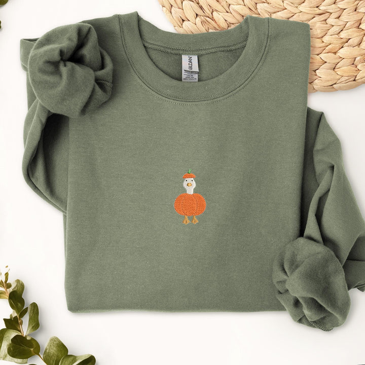 Embroidered Goose in Pumpkin Sweatshirt, Embroidered Goose Sweatshirt, Halloween Sweatshirt, Funny Fall Sweatshirt PUGO-97-C