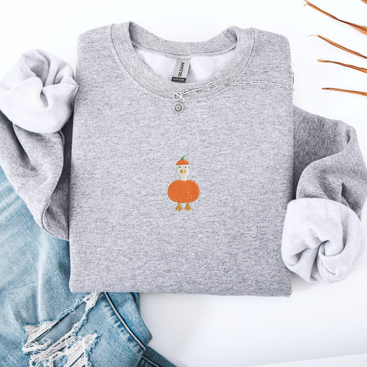 Embroidered Goose in Pumpkin Sweatshirt, Embroidered Goose Sweatshirt, Halloween Sweatshirt, Funny Fall Sweatshirt PUGO-97-C
