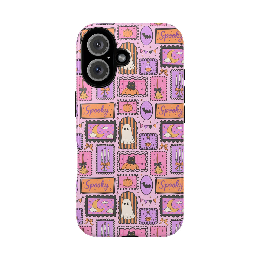 Pink Spooky Frames Tough iPhone Case, Halloween Ghost Black Cat Pumpkin Phone Cover, Matte or Glossy