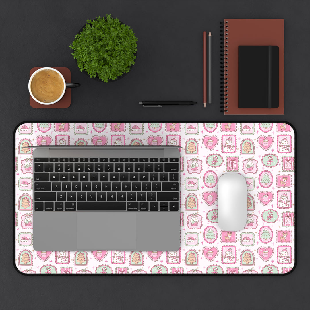 Pink Christmas Frames Desk Mat, Pastel Snowman and Reindeer Desk Pad, Cute Holiday Large Mouse Pad
