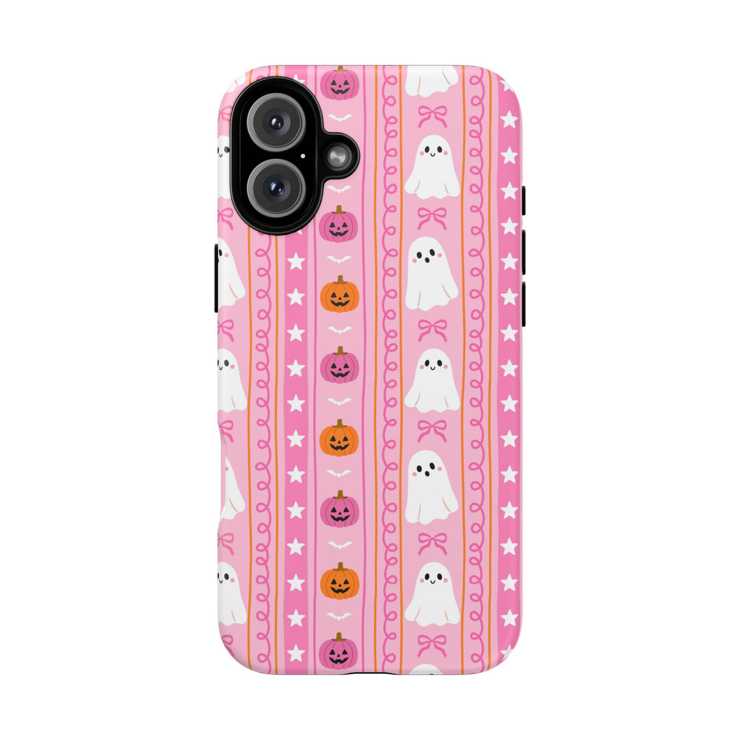 Pink Ghost Stripe Tough iPhone Case, Cute Halloween Pumpkin Bow Phone Cover, Matte or Glossy