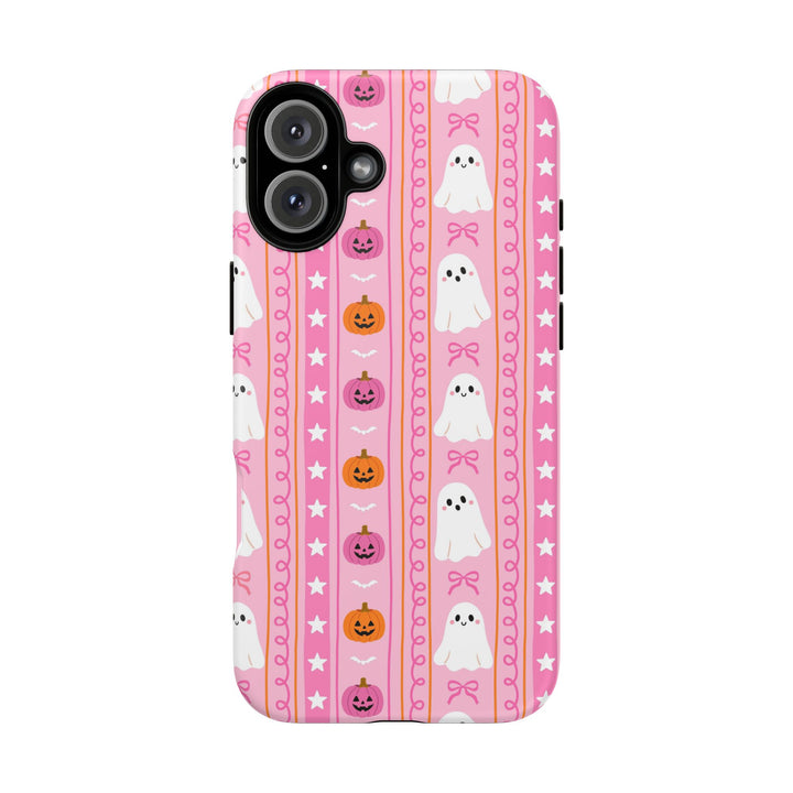 Pink Ghost Stripe Tough iPhone Case, Cute Halloween Pumpkin Bow Phone Cover, Matte or Glossy