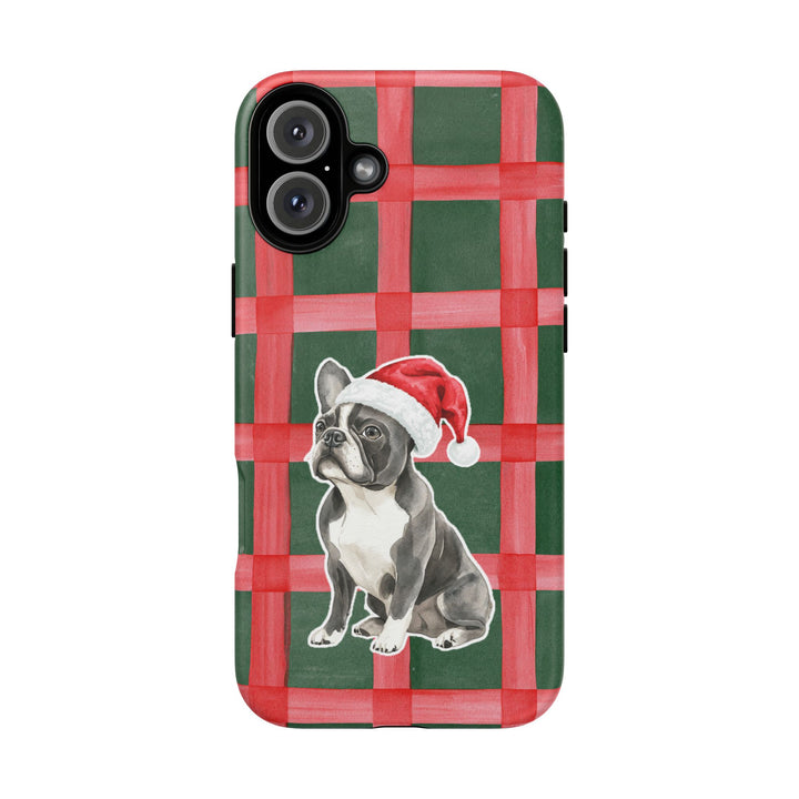 French Bulldog Christmas Tough iPhone Case, Red Green Plaid, Santa Dog Phone Cover