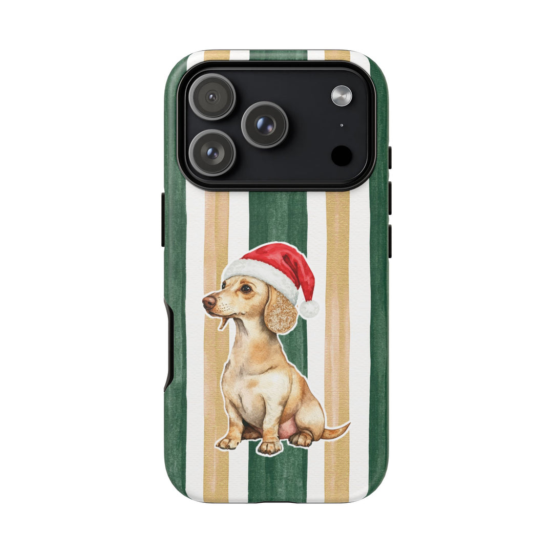 Dachshund Christmas Tough iPhone Case, Green Gold Stripes, Santa Dog Phone Cover