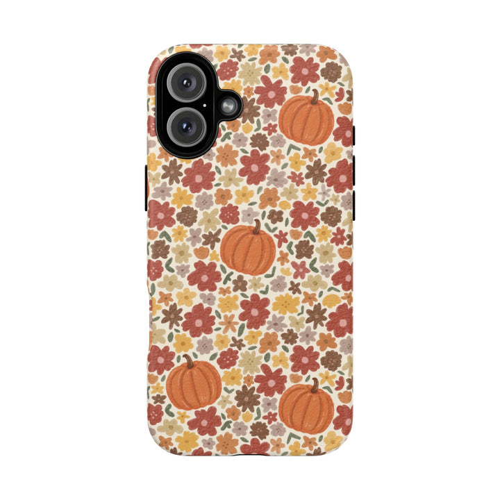 Floral Pumpkin Tough iPhone Case, Warm Autumn Flowers Fall Phone Cover, Matte or Glossy