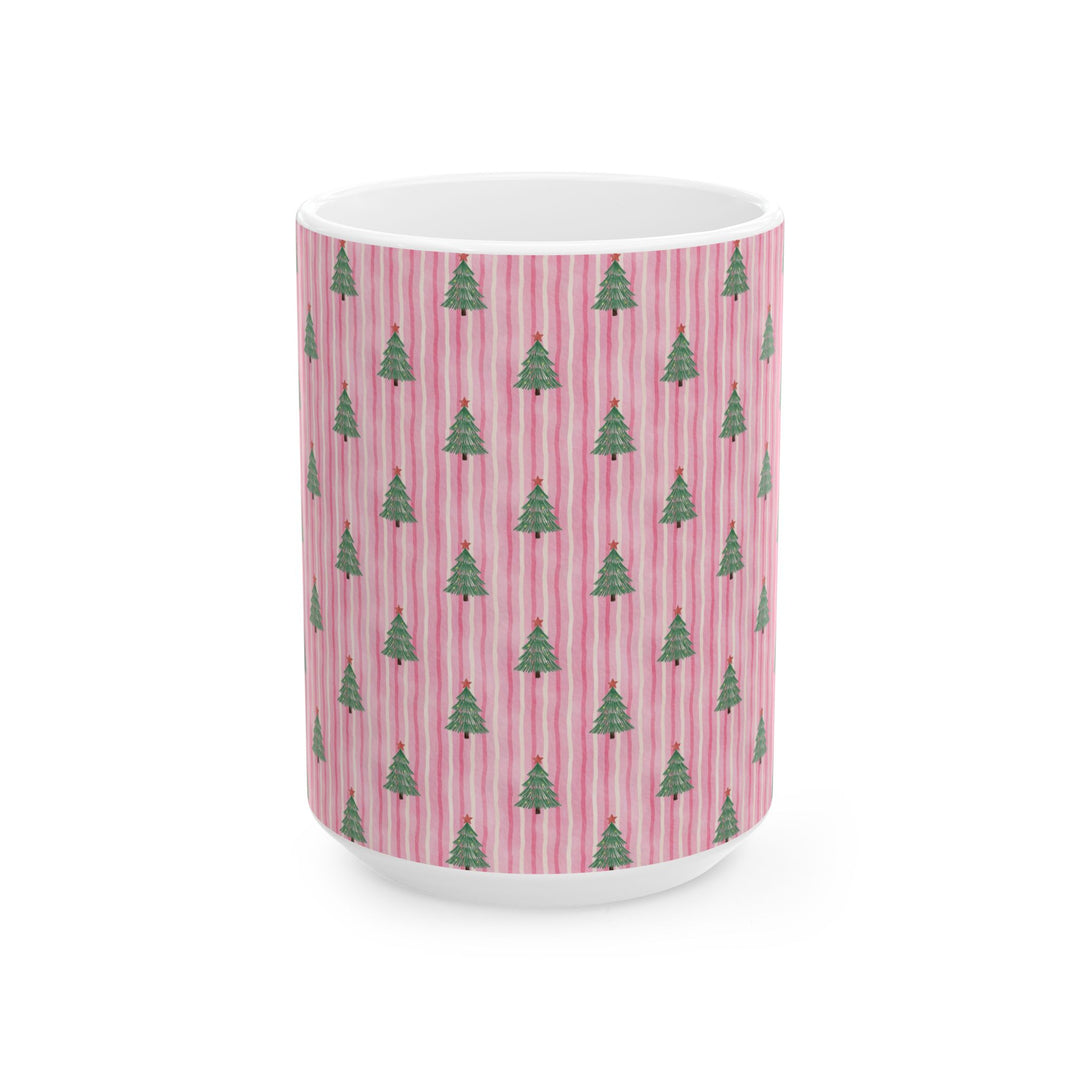 Pink Watercolor Christmas Tree Ceramic Mug, Striped Holiday Coffee Cup, Pastel Christmas Gift, 11oz and 15oz