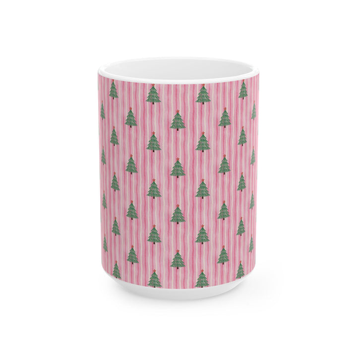 Pink Watercolor Christmas Tree Ceramic Mug, Striped Holiday Coffee Cup, Pastel Christmas Gift, 11oz and 15oz