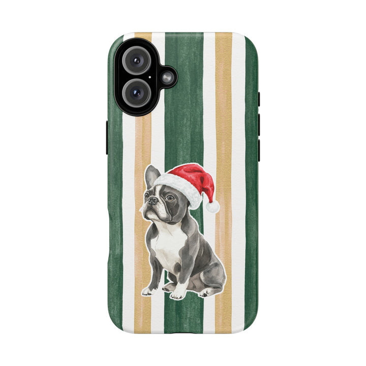 French Bulldog Christmas Tough iPhone Case, Green Gold Stripes, Santa Dog Phone Cover