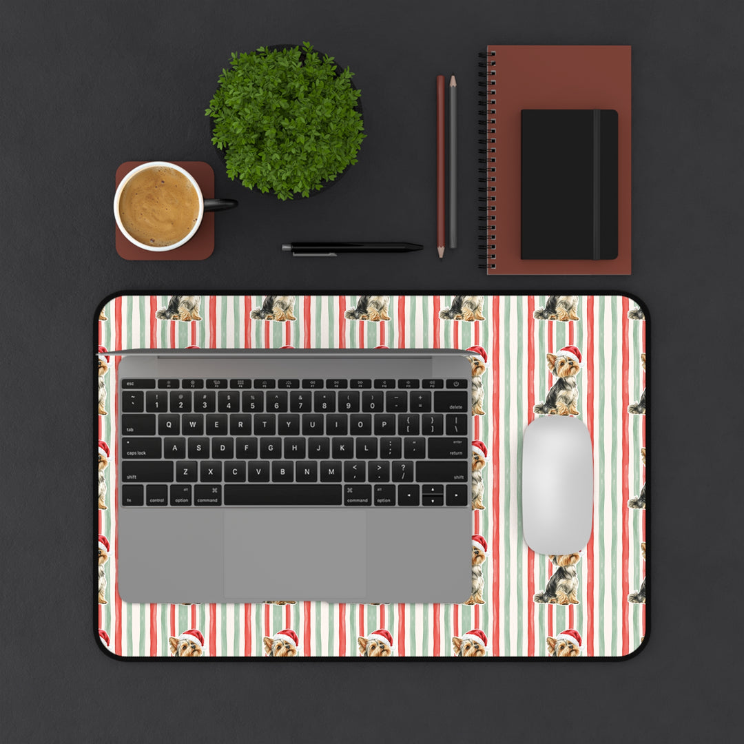 Yorkshire Terrier Christmas Desk Mat, Red Sage Stripes, Santa Dog Desk Pad