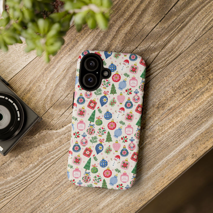 Colorful Christmas Ornament Tough iPhone Case, Pink Blue Holiday Bauble Phone Cover, Matte or Glossy