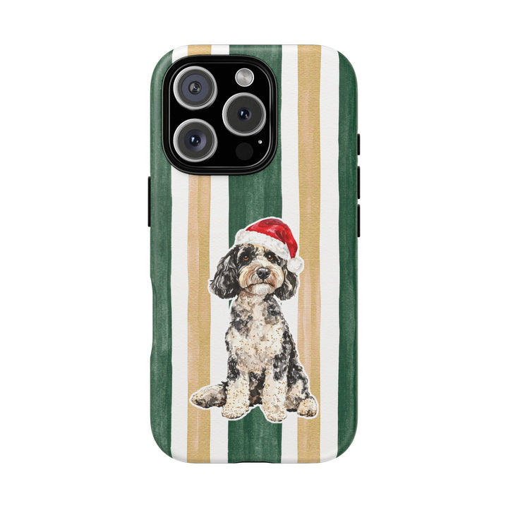 Doodle Christmas Tough iPhone Case, Green Gold Stripes, Santa Dog Phone Cover