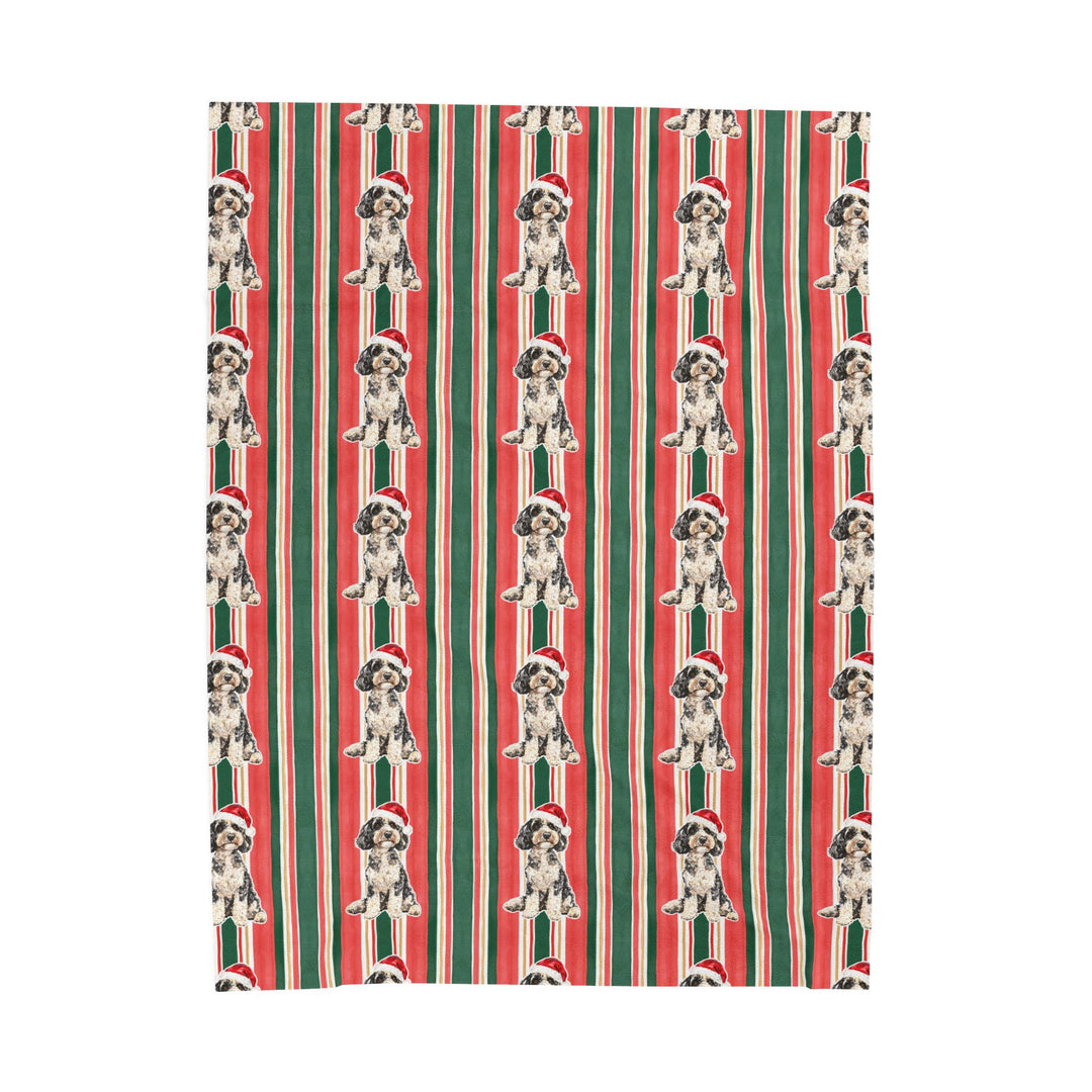 Doodle Christmas Velveteen Plush Blanket, Classic Red Green Stripes, Santa Dog Throw