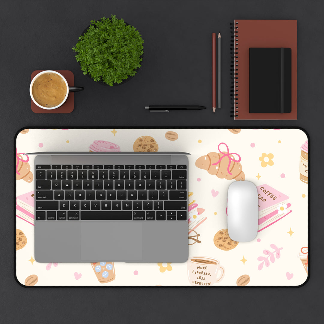 Coffee and Books Desk Mat, Pastel Pink Bookish Desk Pad, Non Slip Neoprene Office Decor