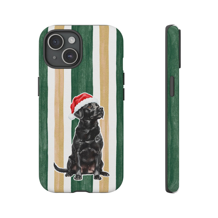 Black Labrador Christmas Tough iPhone Case, Green Gold Stripes, Santa Dog Phone Cover
