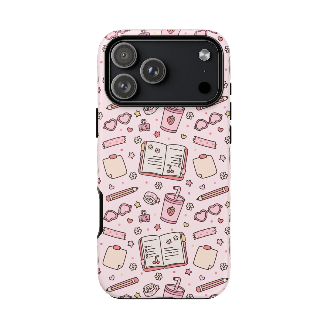 Pink Stationery Tough iPhone Case, Back to School Notebook and Pencil Phone Cover, Matte or Glossy