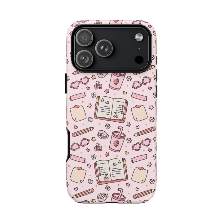 Pink Stationery Tough iPhone Case, Back to School Notebook and Pencil Phone Cover, Matte or Glossy