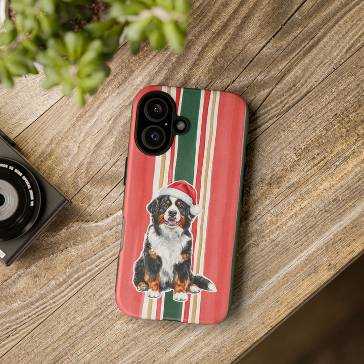 Bernese Mountain Dog Christmas Tough iPhone Case, Classic Red Green Stripes, Santa Dog Phone Cover