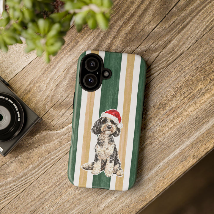 Doodle Christmas Tough iPhone Case, Green Gold Stripes, Santa Dog Phone Cover