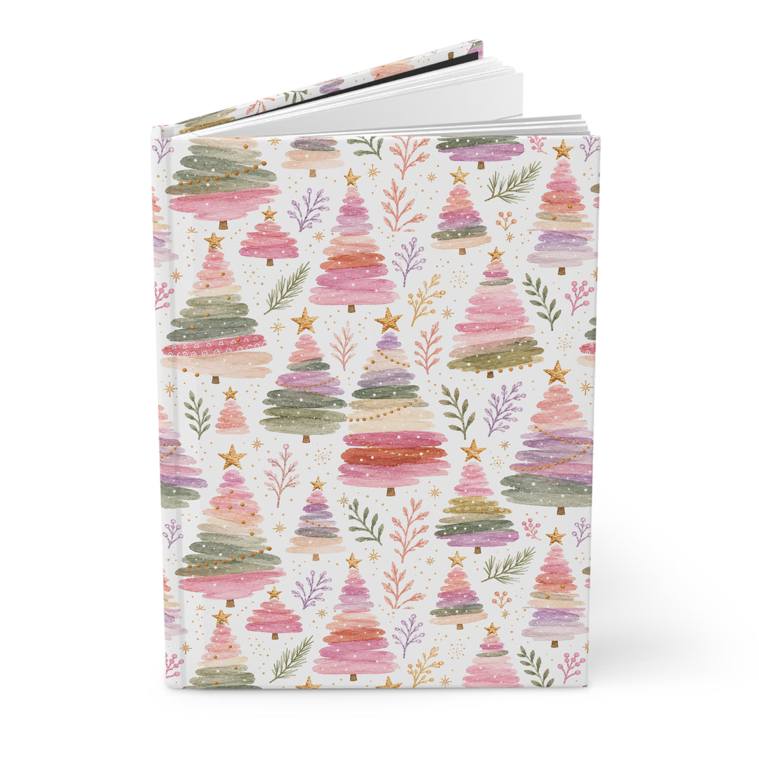 Pastel Watercolor Christmas Tree Hardcover Notebook, Pink Sage Lined Journal, Cute Holiday Stationery Gift
