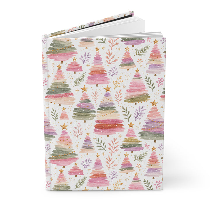 Pastel Watercolor Christmas Tree Hardcover Notebook, Pink Sage Lined Journal, Cute Holiday Stationery Gift