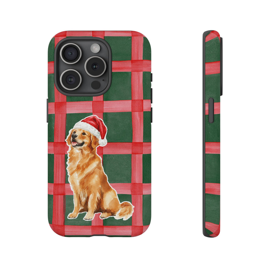 Golden Retriever Christmas Tough iPhone Case, Red Green Plaid, Santa Dog Phone Cover