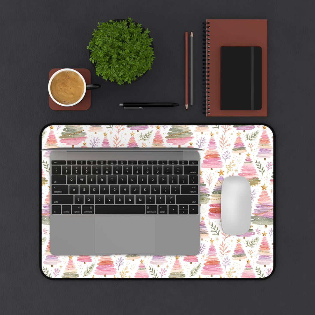 Pastel Watercolor Christmas Tree Desk Mat, Pink Sage Lavender Holiday Desk Pad, Cozy Office Decor