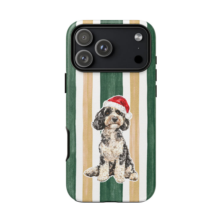 Doodle Christmas Tough iPhone Case, Green Gold Stripes, Santa Dog Phone Cover