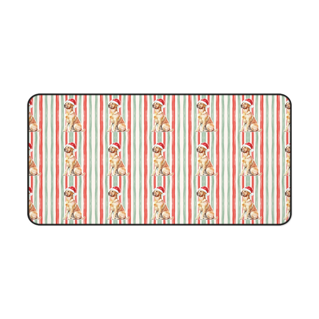 Yellow Labrador Christmas Desk Mat, Red Sage Stripes, Santa Dog Desk Pad