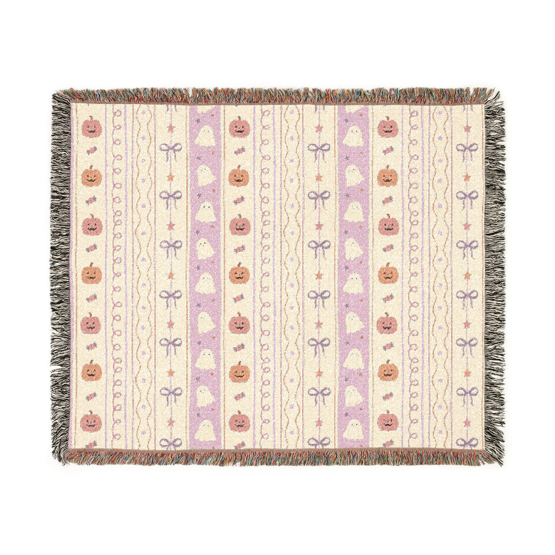 Pastel Halloween Pumpkin Ghost Woven Blanket, Pink Candy Bow Stripe Cotton Throw, Cute Spooky Home Decor
