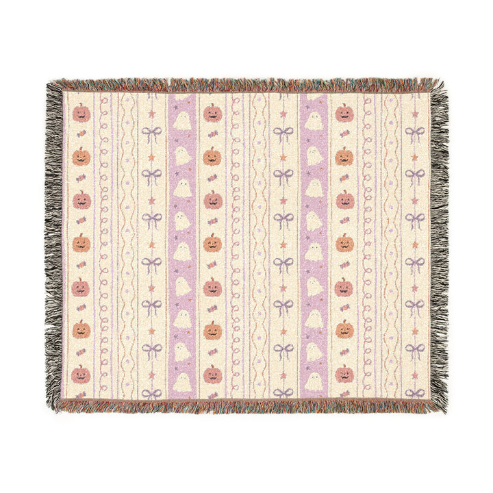 Pastel Halloween Pumpkin Ghost Woven Blanket, Pink Candy Bow Stripe Cotton Throw, Cute Spooky Home Decor