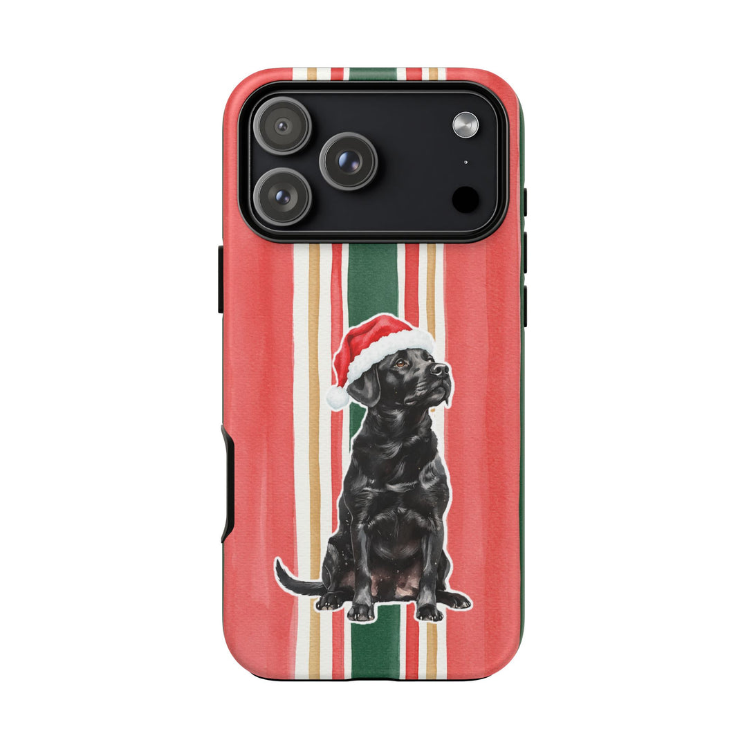 Black Labrador Christmas Tough iPhone Case, Classic Red Green Stripes, Santa Dog Phone Cover