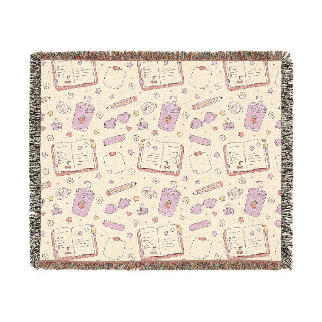 Pink Stationery Woven Blanket, Planner and Pencil Cotton Throw, Back to School Gift, Cozy Study Room Decor