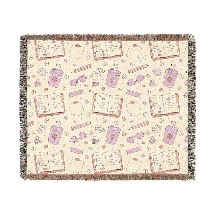 Pink Stationery Woven Blanket, Planner and Pencil Cotton Throw, Back to School Gift, Cozy Study Room Decor