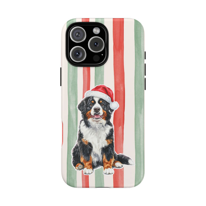 Bernese Mountain Dog Christmas Tough iPhone Case, Red Sage Stripes, Santa Dog Phone Cover