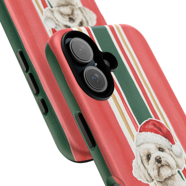 Maltese Christmas Tough iPhone Case, Classic Red Green Stripes, Santa Dog Phone Cover