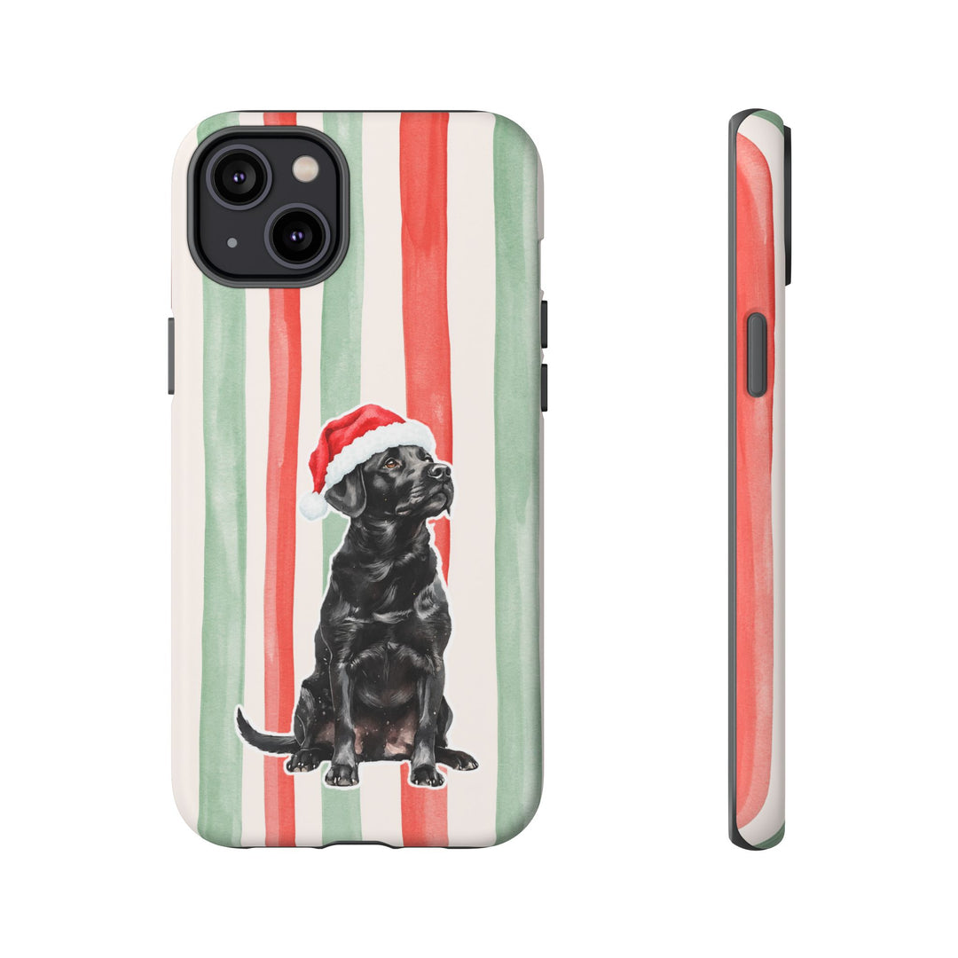 Black Labrador Christmas Tough iPhone Case, Red Sage Stripes, Santa Dog Phone Cover