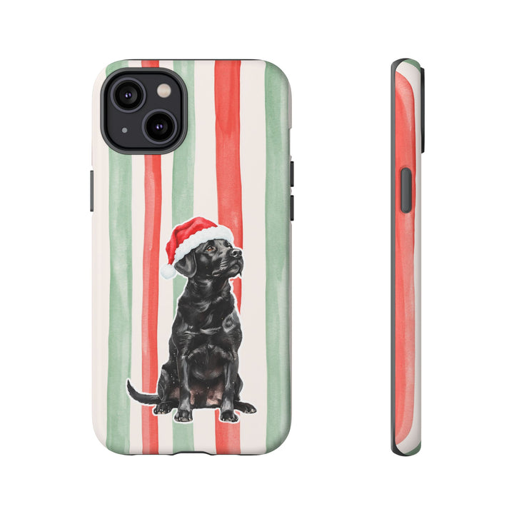 Black Labrador Christmas Tough iPhone Case, Red Sage Stripes, Santa Dog Phone Cover