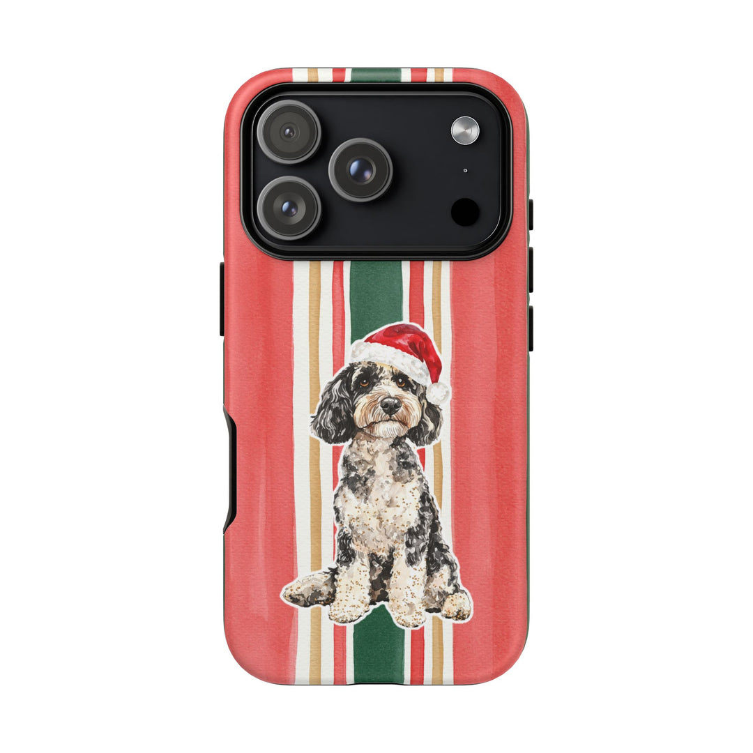 Doodle Christmas Tough iPhone Case, Classic Red Green Stripes, Santa Dog Phone Cover