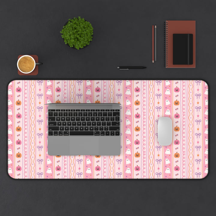 Pastel Halloween Stripe Desk Mat, Pink Ghost Pumpkin Candy and Bow Desk Pad, Cute Spooky Large Mouse Pad